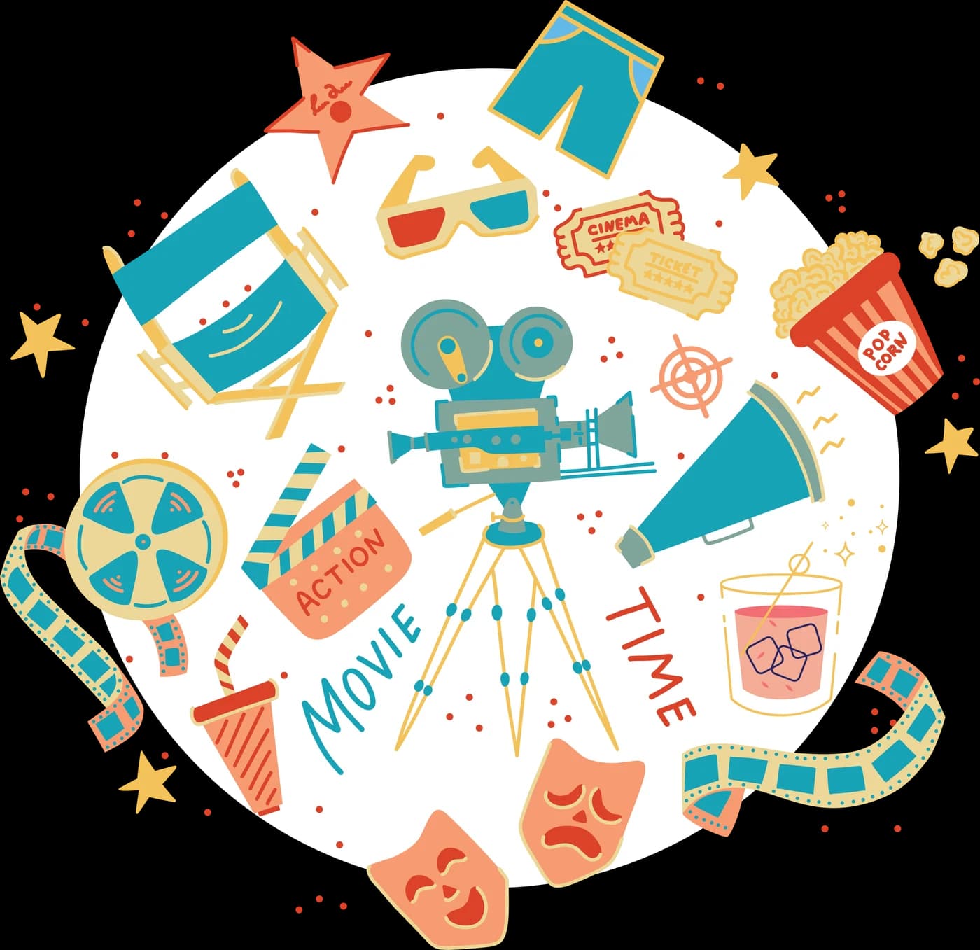 Illustrated collage of a film camera, director's chair, clapperboard, popcorn, film reels and theatre masks