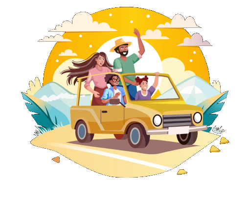 A family driving a yellow car down an open road at sunset